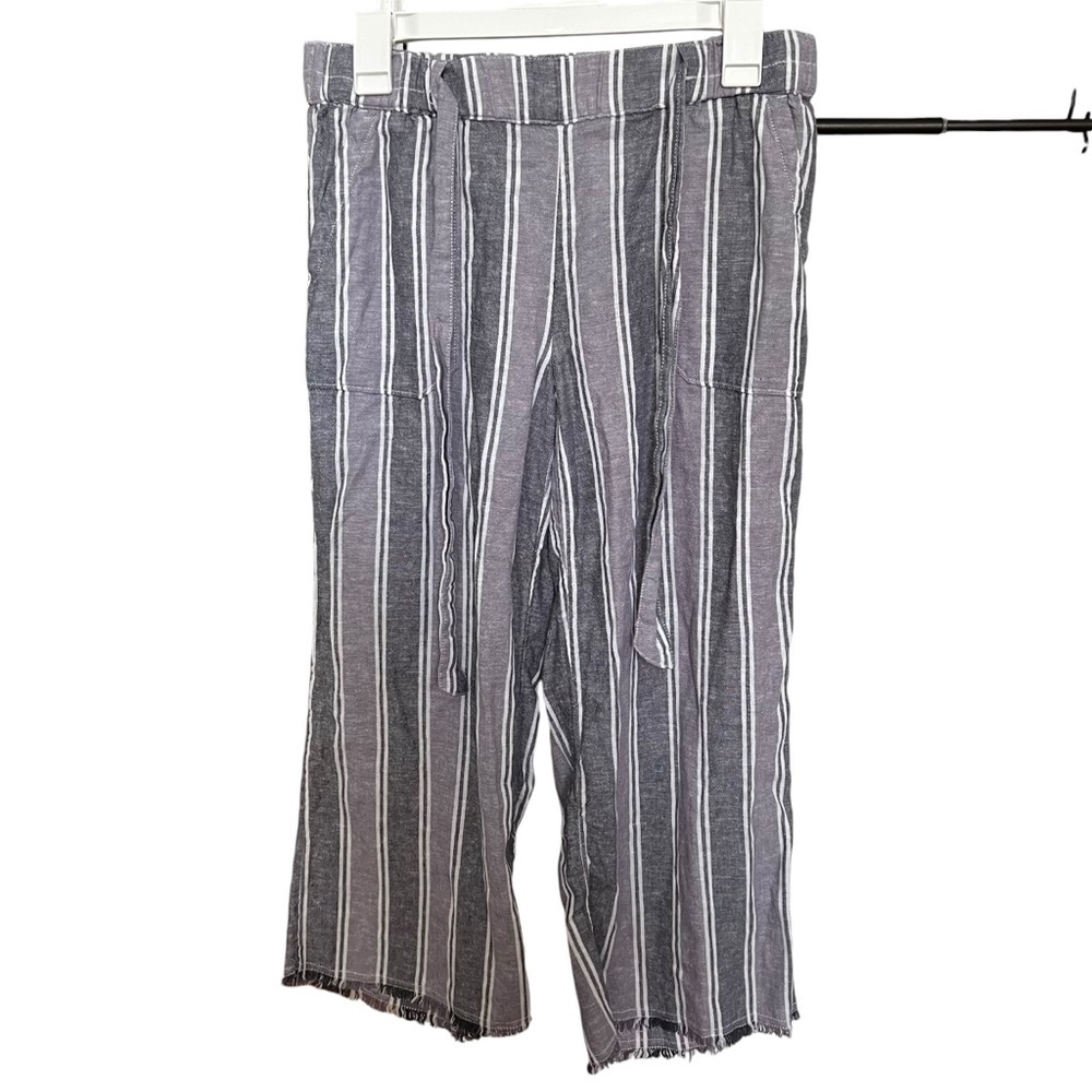 Caslon Linen Pants Women’s Small Wide-Leg Crop‎ Tie Waist Raw Hem Striped Purple